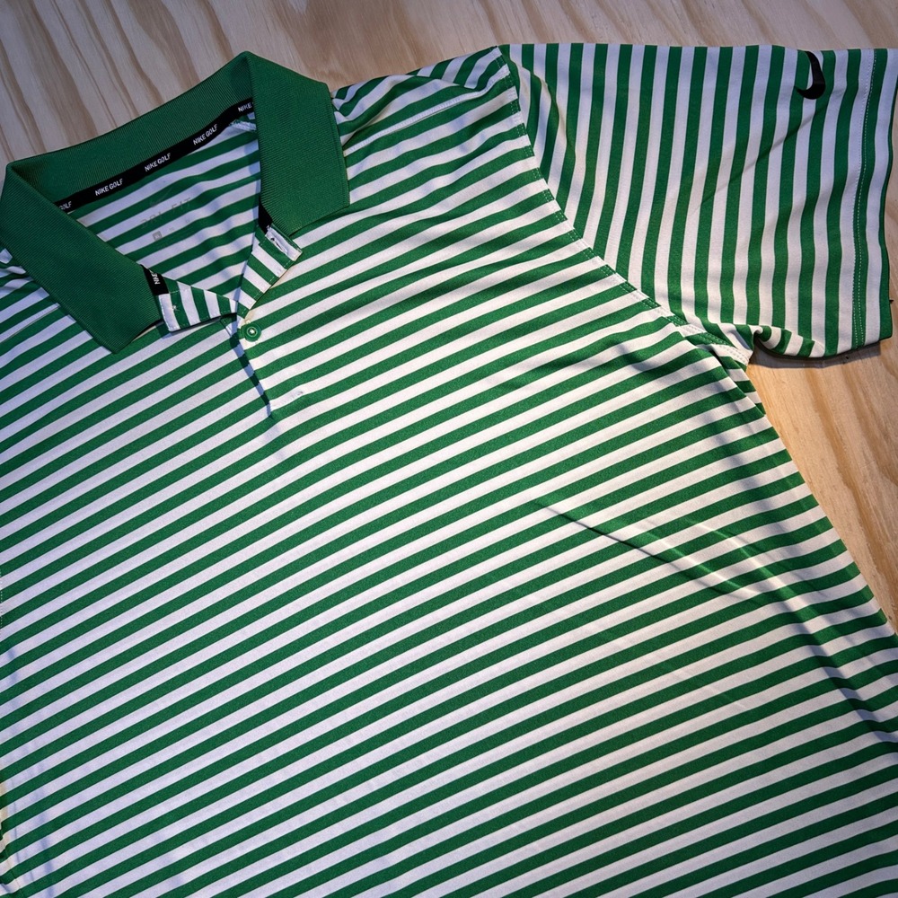 Nike Golf Mens XL Green White Striped Dri-Fit Polo Shirt Short Sleeve
